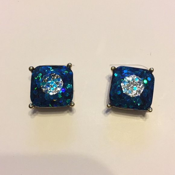 Large square blue glitter studs goldtone NWOT - Picture 2 of 2